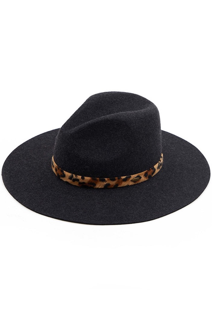 Dark Grey C.C Wool Felt Brim Detail Panama Summer Hat With Leopard Pattern Trim; Unique, timeless & classic Summer Sun Fedora Hat has a leopard strap trim accent. Trendy Birthday, Holiday Gift, Christmas Gift, Regalo de Navided, Bad hair days, casual everyday wear, Anniversary Gift, Fall Outfit, Cool Fashion Fedora, Valentine's Day Gift