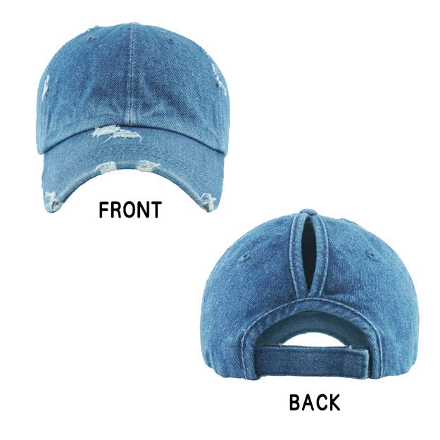 Denim Distressed Baseball Cap, Denim Vintage Ponytail Baseball Cap, comfy vintage cap great for a bad hair day, pull your bun or ponytail thru the back opening, great for keeping your hair away from face while exercising, running, playing sports or just taking a walk. Perfect Birthday Gift, Mother's Day Gift, Anniversary Gift, Thank you Gift, Graduation