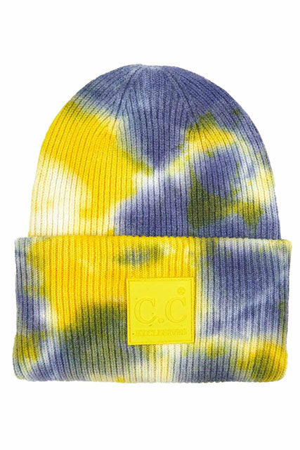 Denim Yellow C.C Tie Dye Beanie With Rubber Patch, Before running out the door into the cool air, you’ll want to reach for this toasty beanie to keep you incredibly warm. Whenever you wear this beanie hat with you'll look like the ultimate stylist. Accessorize the fun way with this rubber patch hat, it's the autumnal touch you need to finish your outfit in style.