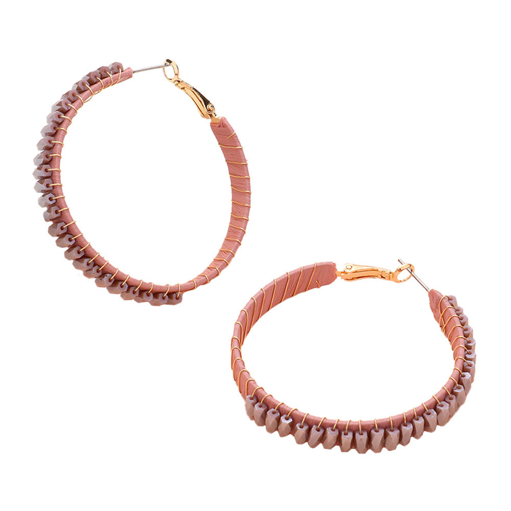 Dust Pink Rectangle Bead Trimmed Raffia Wrapped Hoop Earrings, enhance your attire with these beautiful raffia-wrapped hoop earrings to show off your fun trendsetting style. It can be worn with any daily wear such as shirts, dresses, T-shirts, etc. These hoop earrings will garner compliments all day long. Whether day or night, on vacation, or on a date, whether you're wearing a dress or a coat, these earrings will make you look more glamorous and beautiful.
