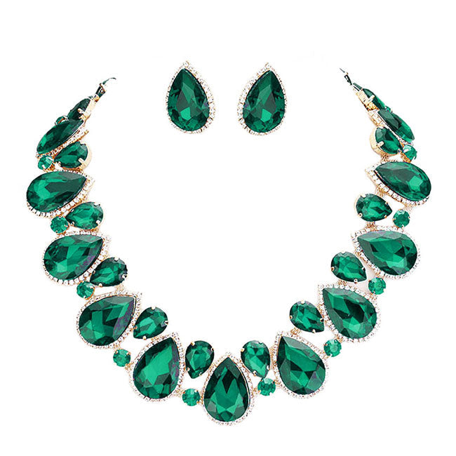 Emerald Crystal Rhinestone Trim Teardrop Collar Evening Necklace.  Get ready with these Cluster Evening Necklace, put on a pop of color to complete your ensemble. Perfect for adding just the right amount of shimmer & shine and a touch of class to special events. Perfect Birthday Gift, Anniversary Gift, Mother's Day Gift, Graduation Gift.