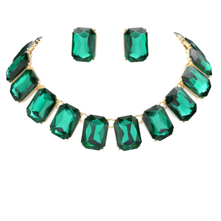 Emerald Cut Stone Link Evening Necklace, This gorgeous necklace jewelry set will show your class on any special occasion. The elegance of these stones goes unmatched, great for wearing at a party! stunning jewelry set will sparkle all night long making you shine like a diamond on special occasions. Perfect jewelry to enhance your look and for wearing at parties, weddings, date nights, or any special event.