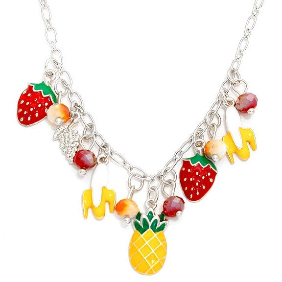Tropical Fruit Charm Necklace, this juicy bounty is the Fruits Multi Charm Necklace, a super colorful piece of fun representing way more than your five a day! Collection: Fruit (Banana, Strawberry, Pineapple) • Color : Gold, Silver • Necklace Size : 19" + 3" L • Decor Size : 0.8" L