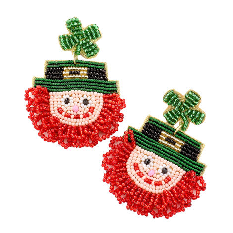 Felt Back Seed Bead St Patrick's Day Clover Irish Man Dangle Earrings, carefully handcrafted seed bead earrings to accent your love for the Irish, handmade clover earrings are the perfect accessory to finish off any festive look. St Paddy's day, Show your Irish pride, good luck, good cheer, Irish magic