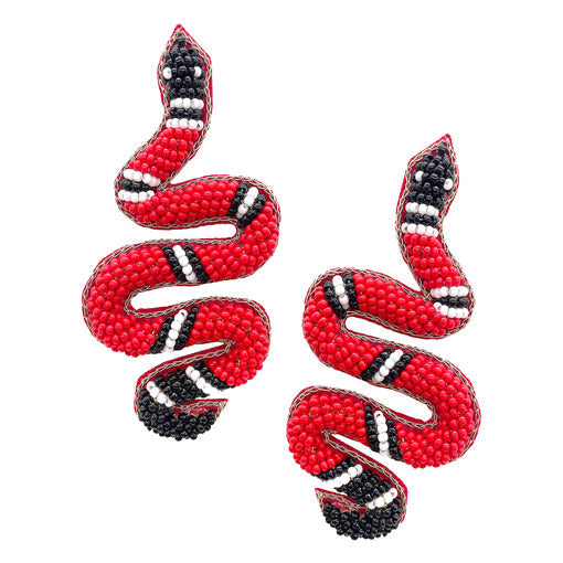 Felt Back Seed Beaded Snake Earrings Seed Bead Snake Earrings handcrafted jewelry adds a pop of pretty color, sequin, beaded embroidered bright artisanal earrings show off your fun trendsetting style. Perfect Birthday Gift, Anniversary Gift, Thank you Gift, Graduation, Prom, Sweet 16, Quinceañera, Date Night