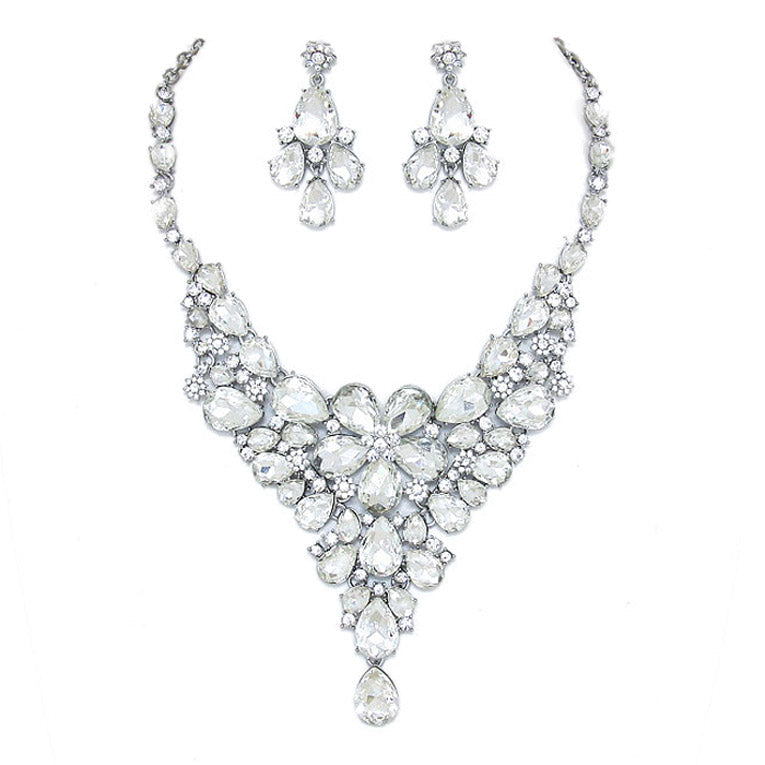 Clear Rhodium Floral Teardrop Statement Jewelry, Floral Teardrop Crystal Rhinestone Evening Necklace Earring Set, dare to dazzle on your Special Occasion, jewelry set will sparkle all night long. Perfect Bridal Jewelry, Birthday Gift, Mother's Day Gift, Anniversary Gift, Prom, Graduation, Sweet 16, Quinceanera, Wedding Bride, Mother of the Bride, Bridesmaid, Night Out