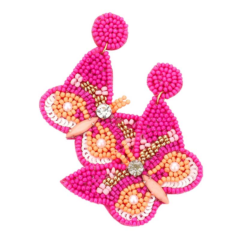 Fuchsia Felt Back Butterfly Beaded Dangle Earrings, Seed Bead Butterfly Dangle Earrings fun handcrafted jewelry that fits your lifestyle, adding a pop of pretty color. Enhance your attire with this vibrant handcrafted beautiful modish statement jewelry! These cute seed beads butterfly earrings for women are the perfect accessory to compliment your outfit. Perfect Birthday Gift, Anniversary Gift, Mother's Day Gift, Graduation Gift, Prom Jewelry, Just Because Gift, Thank you Gift.