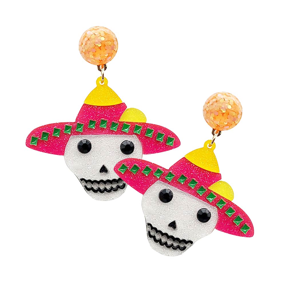 Fuchsia Glittered Resin Hat Skull Dangle Earrings, Get ready with these Halloween theme dangle earrings as part of your Halloween costume, or to dress up any outfit for Halloween. It can give you a more festive feeling and a different temperament. The colors are vibrant and the design is a seasonal delight.