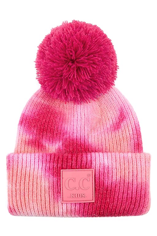 Fuchsia Pink C C Tie Dye Kids Beanie With C C Rubber Patch And Yarn Pom, beautiful tie dye design with yarn pom makes it unique and keeps you standing out with perfect beauty. Wear throughout the winter and cold days to ensure absolute comfortability. Coordinate with any outfit to match the best with perfect warmth and coziness. It Comes in one size winter cap with a pom that fits most head sizes. Enjoy the winter in comfort!
