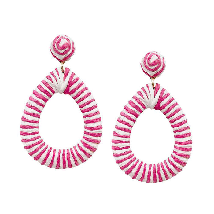 Fuchsia Wrapped Raffia Open Teardrop Dangle Earrings, fun handcrafted jewelry that fits your lifestyle, adding a pop of pretty color. Beautifully crafted design adds a gorgeous glow to any outfit. Enhance your attire with these vibrant artisanal earrings to show off your fun trendsetting style. Great gift idea for Wife, Mom, or your Loving One.