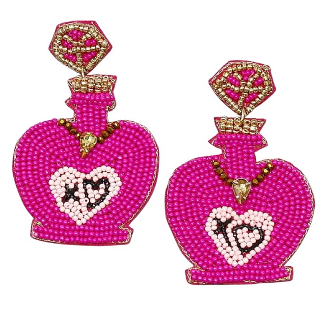 Fuchsia XO Perfume Bottle Seed Bead Earrings, These perfume bottle earrings feature a cool, decidedly chic, and always fun. the beaded earrings combine a heart-themed & perfume bottle silhouette with a palette crafted entirely of seed beads. A fun handcrafted piece of jewelry that fits your lifestyle adding a pop of pretty color. It is so fun to wear these lightweight cute earrings for every day of Valentine's week.