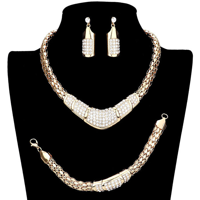 Gold 3PCS Rhinestone Pave Metal Chain Necklace Set. Stunning jewellery sets suits any style and occasion wear over your favorite tops and dresses this season! Adds the perfect accent to your wardrobe. A timeless treasure designed to accent the neckline adds a gorgeous stylish glow to any outfit style, jewelry that fits your lifestyle! This piece is versatile and goes with practically anything! Fabulous gift, ideal for your loved one or yourself.
