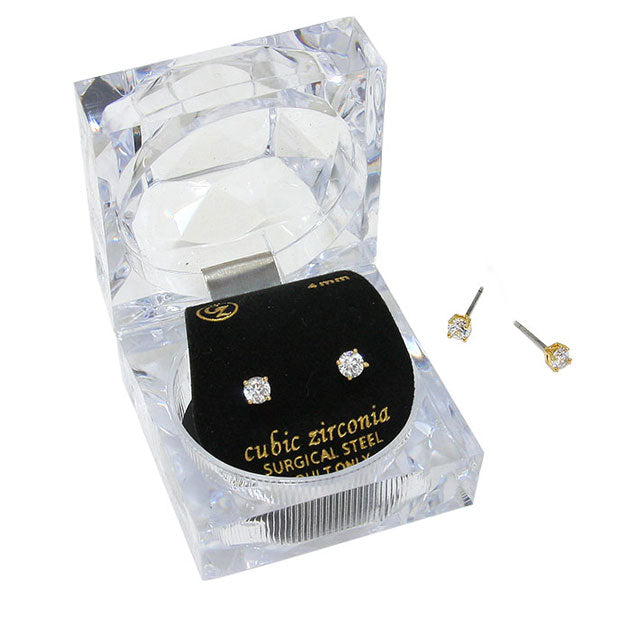 4mm Round Crystal Cubic Zirconia Stud Earrings in Clear Gift Box - Ready to Gift
