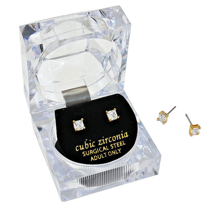 Gold 4 mm Square Crystal Cubic Zirconia CZ Stud Earrings, Classic earrings that every girl needs in her jewelry box. This cubic zirconia earrings are made for you, Crystal stunning sparkle that captures everyone's attention. They are beautiful, bright and amazing to look at. They are the perfect alternative to real diamonds, they look great and feel great in your ears. Give a touch of casual style to your night out.