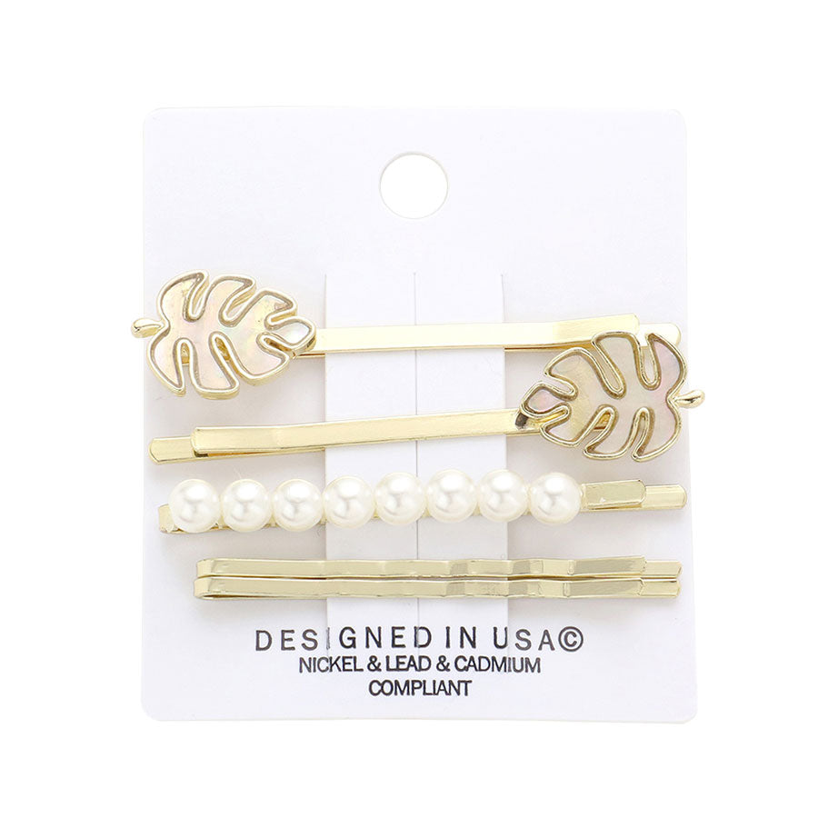 Gold 5PCS Mother of Pearl Tropical Leaf Bobby Pin Hair Clips, Complete your look with this set of beautiful imitation-pearl hair clips. The perfect accent for your superb up-do! They make your source more interesting and colorful. Perfect for special occasions, weddings, Prom, Sweet 16, Quinceanera, Graduation, etc.