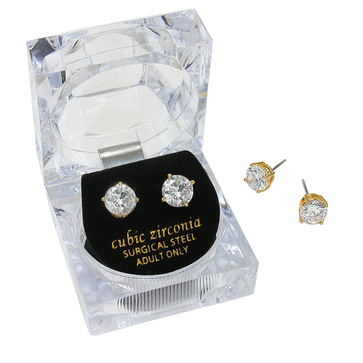 Gold 8 mm Round Cut Crystal Cubic Zirconia CZ Stud Earrings, Classic earrings that every girl needs in her jewelry box. This cubic zirconia earrings are made for you, A stunning sparkle that captures everyone's attention. They are beautiful, bright and amazing to look at. They are the perfect alternative to real diamonds, they look great and feel great in your ears. Give a touch of casual style to your night out.