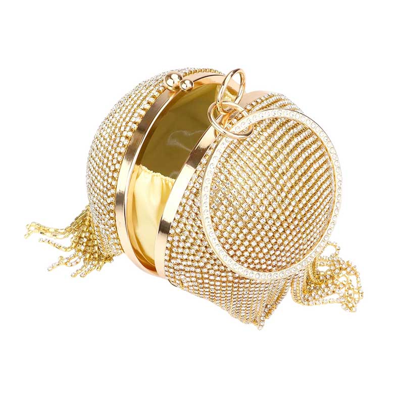 Gold Bling Round Ball Fringe Evening Tote Crossbody Bag, is beautifully designed and fit for all occasions & places. Show your trendy side with this awesome evening crossbody bag. Versatile enough for carrying straight through the week, perfectly lightweight to carry around all day on special occasions. Perfect for makeup, money, credit cards, keys or coins, and many more things.