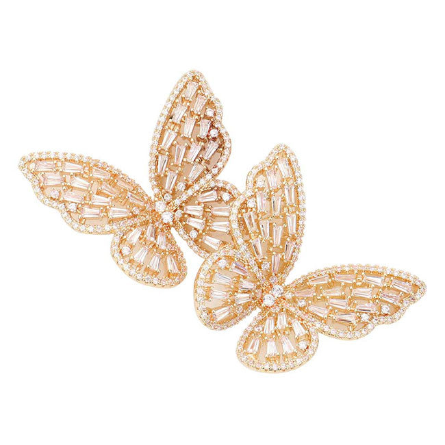 Gold CZ Stone Butterfly Evening Earrings, will take your look up a notch, versatile enough for wearing straight through the week, perfectly lightweight for all-day wear, coordinate with any ensemble from business casual to everyday wear, the perfect addition to every outfit. Adds a touch of nature-inspired butterfly themed beauty to your look.Gift someone or yourself these ultra-chic earrings.
