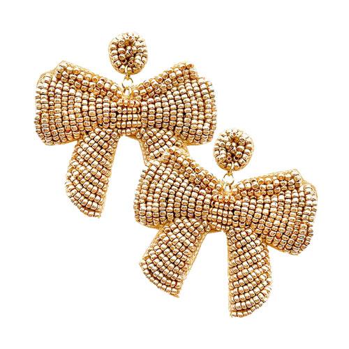 Gold Christmas Post Back Seed Bead Bow Dangle Earrings. Get ready with these bright post back earrings, put on a pop of color to complete your ensemble. Perfect for adding just the right amount of shimmer & shine and a touch of class to special events. Perfect Birthday Gift, Anniversary Gift, Mother's Day Gift.