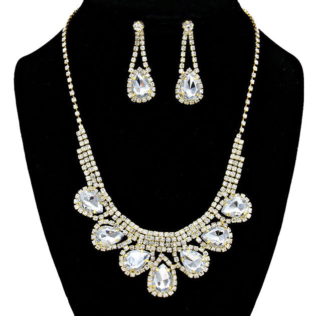 Gold Clear Rhinestone Teardrop Collar Necklace, Wear together or separate according to your event, versatile enough for wearing straight through the week, perfectly lightweight for all-day wear, coordinate with any ensemble from business casual to everyday wear, the perfect addition to every outfit.