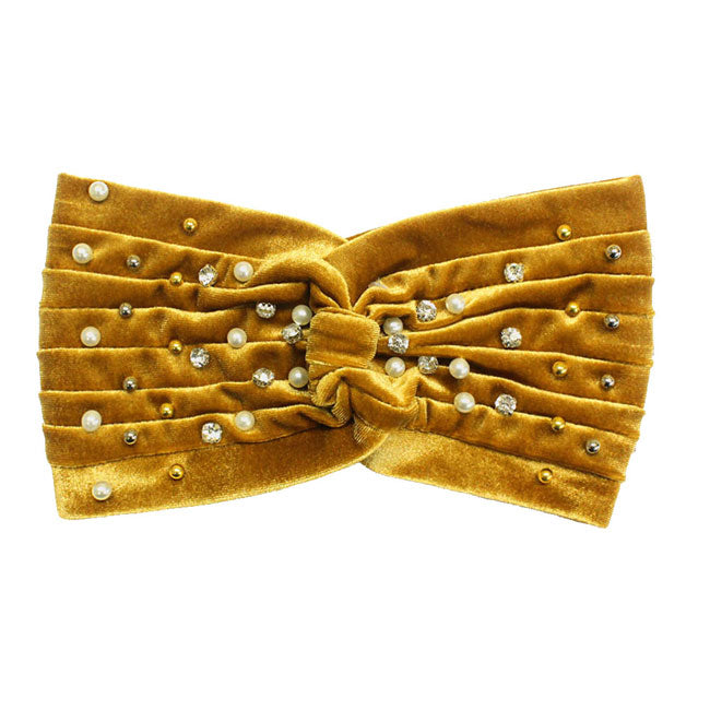 Gold Crystal Pearl Detailed Twisted Velvet Headband. Be ready to receive compliments. Be the ultimate trendsetter wearing this chic headband with all your stylish outfits! you will be protected in the harshest of elements, fit securely around your head against your ears and perfect for cold weather accessory