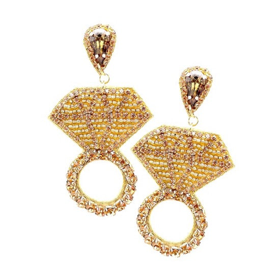 Gold Felt Back Seed Bead Diamond Ring Dangle Earrings Diamond Ring Earrings; handcrafted jewelry adds a pop of pretty color, these diamond ring shaped beaded artisanal earrings show off your fun trendsetting style. Perfect Birthday Gift, Anniversary Gift, Thank you Gift, Graduation, Just because Gift, Statement Earrings,