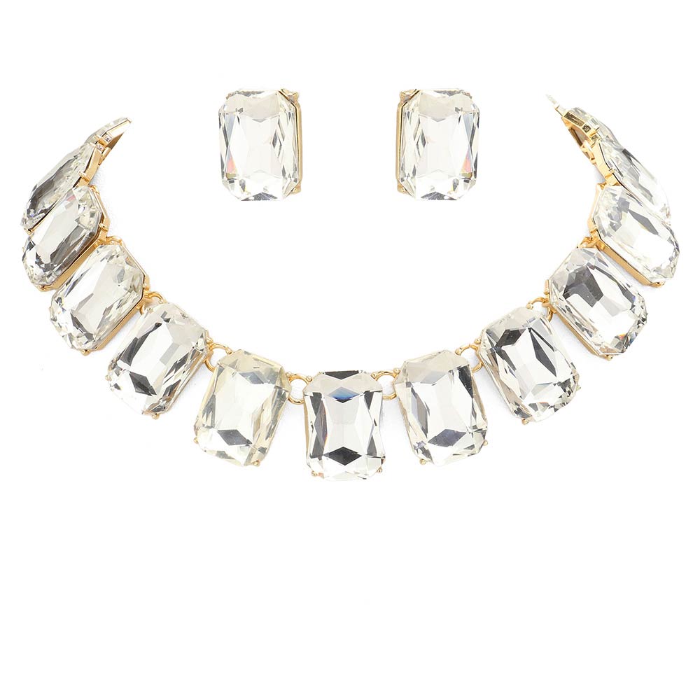 Gold Emerald Cut Stone Link Evening Necklace, This gorgeous necklace jewelry set will show your class on any special occasion. The elegance of these stones goes unmatched, great for wearing at a party! stunning jewelry set will sparkle all night long making you shine like a diamond on special occasions. Perfect jewelry to enhance your look and for wearing at parties, weddings, date nights, or any special event.