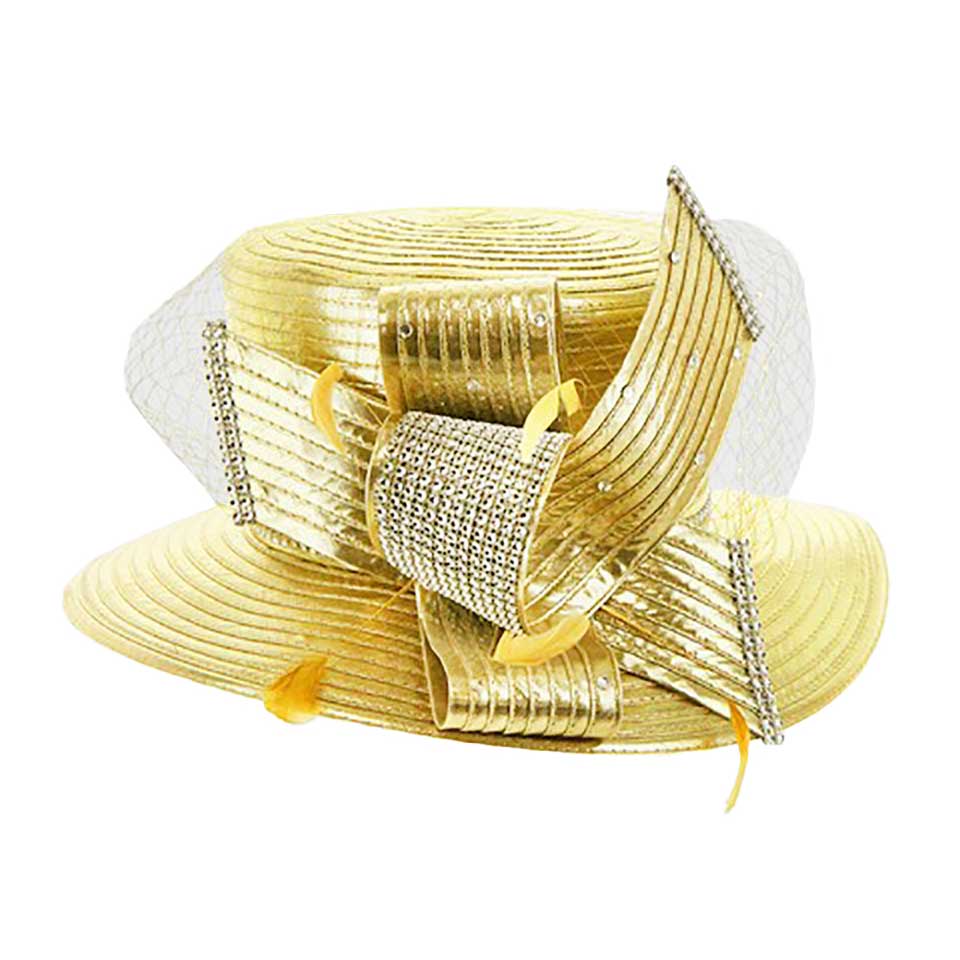 Gold Feather Crystal Detail Metallic Satin Hat, is an elegant and high fashion accessory for your modern couture. Unique and elegant hats, family, friends, and guests are guaranteed to be astonished by this feather crystal satin hat. The fascinator hat with exquisite workmanship is soft, lightweight, skin-friendly, and very comfortable to wear. The trendy and stunning style adds a touch of ethereal fairytale sparkle to your, which makes you more charming in the crowd.