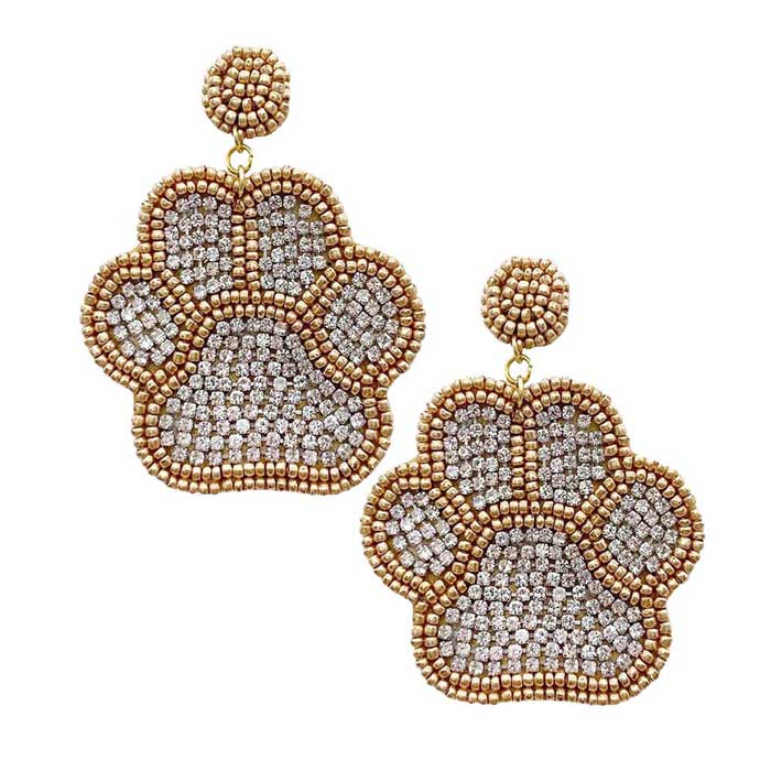 Gold Felt Back Seed Beaded Trimmed Bling Paw Dangle Earrings, Seed Beaded Trimmed Bling Paw Dangle earrings fun handcrafted jewelry that fits your lifestyle, adding a pop of pretty color. Enhance your attire with these vibrant artisanal earrings to show off your fun trendsetting style. Great gift idea for Wife, Mom, or your Loving One.