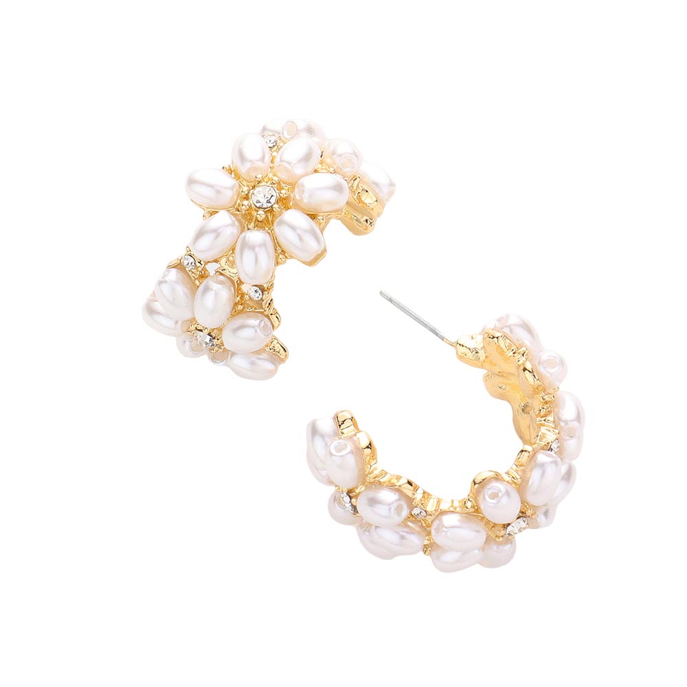 Gold Floral Pearl Embellished Hoop Evening Earrings, are beautifully decorated to hoop on your earlobes on special occasions for making you stand out from the crowd. Excellent to wear at weddings, wedding showers, receptions, parties, graduation, etc. Perfect gift for Birthdays, anniversaries, Mother's Day, Graduation, etc.