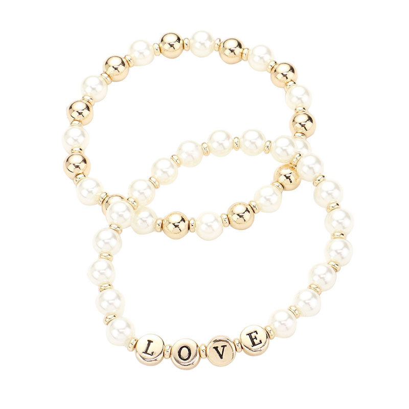 Gold LOVE Pearl Metal Ball Stretch Message Bracelets. Look like the ultimate fashionista with these bracelets! Add something special to your outfit this Valentine! special It will be your new favorite accessory. Perfect Birthday Gift, Anniversary Gift, Mother's Day Gift, Graduation Gift, Valentine's Day Gift.