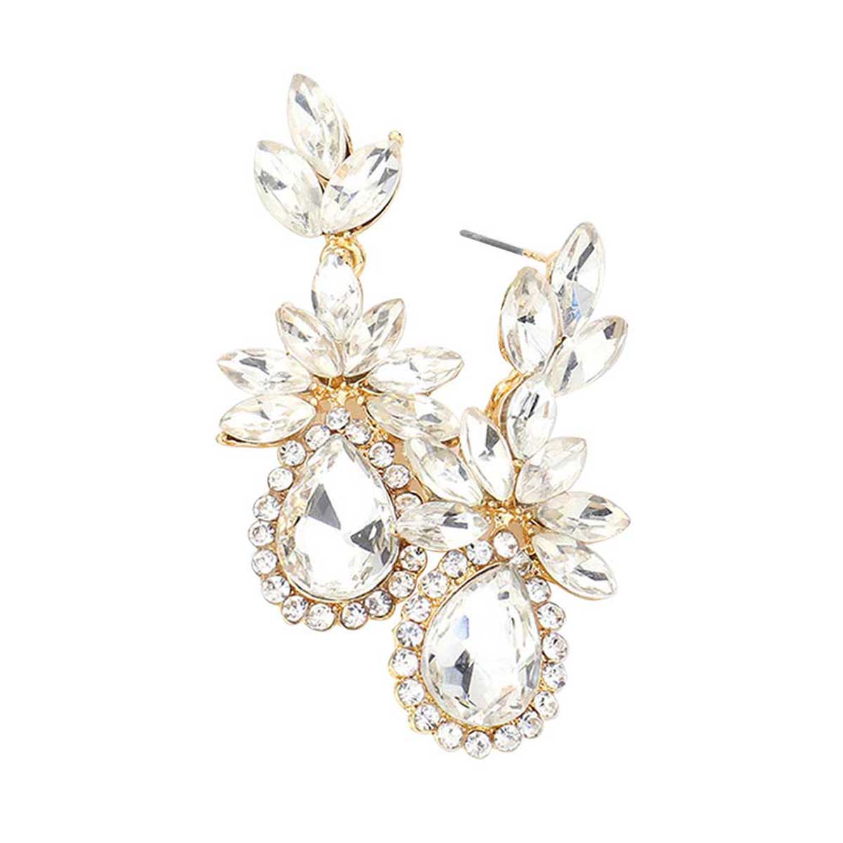 Gold Marquise Stone Cluster Teardrop Accented Dangle Evening Earrings. Look like the ultimate fashionista with these Earrings! Add something special to your outfit ! It will be your new favorite accessory. Perfect Birthday Gift, Anniversary Gift, Mother's Day Gift, Graduation Gift, Prom Jewelry, Just Because Gift, Thank you Gift.