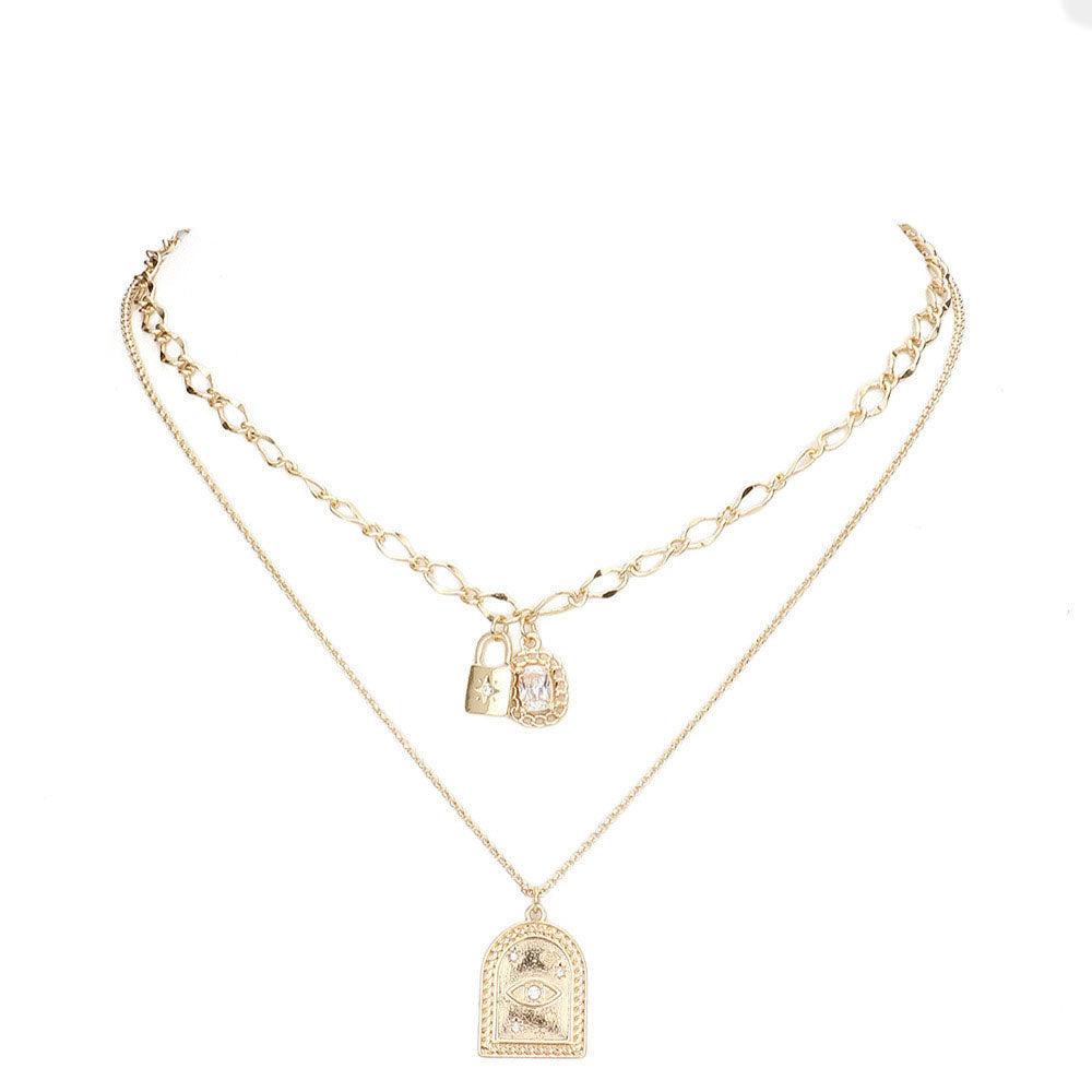 Gold Metal Lock Evil Eye Pendant Double Layered Necklace. Get ready with these evil eye Necklace, put on a pop of color to complete your ensemble. Perfect for adding just the right amount of shimmer & shine and a touch of class to special events. Perfect Birthday Gift, Anniversary Gift, Mother's Day Gift, Graduation Gift.