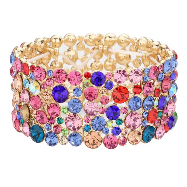 Gold Multi Bubble Round Stone Cluster Evening Stretch Bracelet, Get ready with these stretch Bracelets to receive the best compliments on any special occasion. Put on a pop of color to complete your ensemble and make you stand out on special occasions. Perfect for adding just the right amount of shimmer & shine and a touch of class to special events. This evening bracelet is just what you need to update your wardrobe. Perfect gift for Birthdays, Anniversaries, Mother's Day, Thank you, etc.