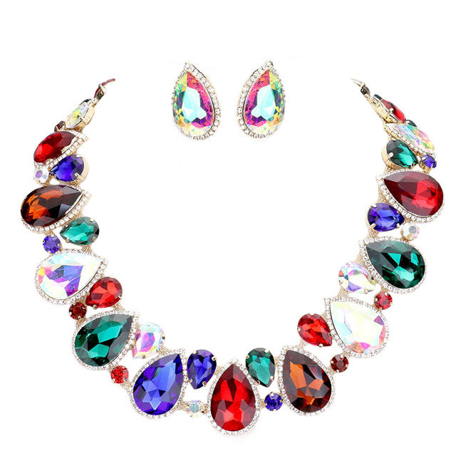 Gold Multi Crystal Rhinestone Trim Teardrop Collar Evening Necklace.  Get ready with these Cluster Evening Necklace, put on a pop of color to complete your ensemble. Perfect for adding just the right amount of shimmer & shine and a touch of class to special events. Perfect Birthday Gift, Anniversary Gift, Mother's Day Gift, Graduation Gift.