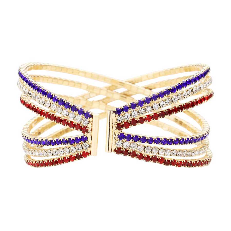 Gold Multi Rhinestone Embellished Crisscross Cuff Evening Bracelet, this Rhinestone Bracelet sparkles all around with it's surrounding round stones, stylish evening bracelet that is easy to put on, take off and comfortable to wear.  It has vibrant colors of the beautiful American flag. Show your love for this country with some sparkle.