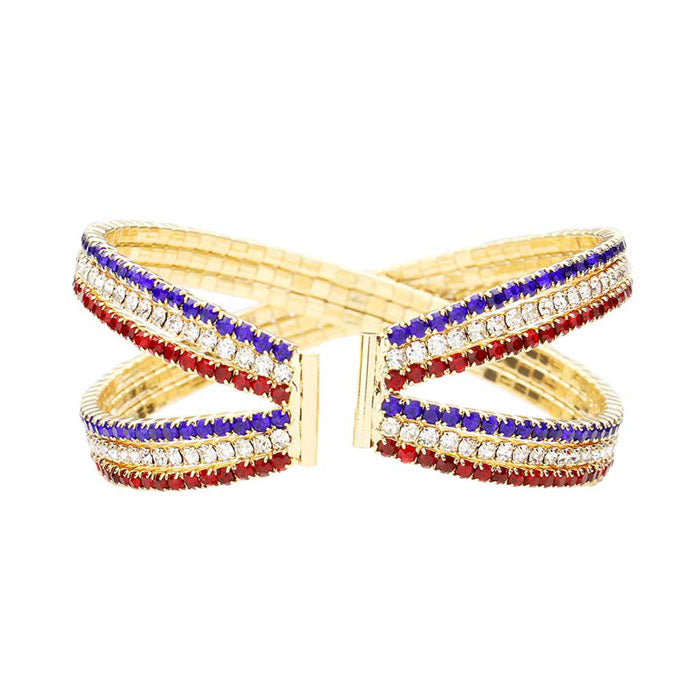 Gold Rhinestone Embellished Crisscross Cuff Evening Bracelet, this Rhinestone Bracelet sparkles all around with it's surrounding round stones, stylish evening bracelet that is easy to put on, take off and comfortable to wear. Perfect Birthday Gift, Anniversary Gift, Mother's Day Gift, Just Because Gift or Any Other Events.