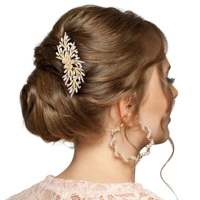 Gold Rhinestone Embellished Flower Pearl Leaf Hair Comb, amps up your hairstyle with a glamorous look on special occasions with this Embellished Flower Pearl Leaf Hair Comb! Perfect for adding just the right amount of shimmer & shine. These are Perfect Birthday Gifts, Anniversary Gifts, and Graduation gifts.