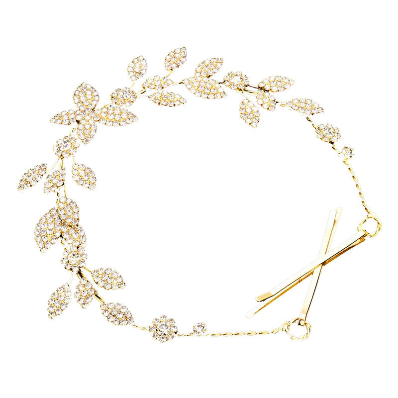 Gold Rhinestone Embellished Leaf Cluster Vine Bun Wrap Headpiece. Perfect for adding just the right amount of shimmer & shine, will add a touch of class, beauty and style to your wedding, prom, special events, embellished glass crystal to keep your hair sparkling all day & all night long