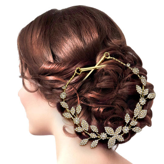 Gold Rhinestone Embellished Leaf Cluster Vine Bun Wrap Headpiece. Perfect for adding just the right amount of shimmer & shine, will add a touch of class, beauty and style to your wedding, prom, special events, embellished glass crystal to keep your hair sparkling all day & all night long