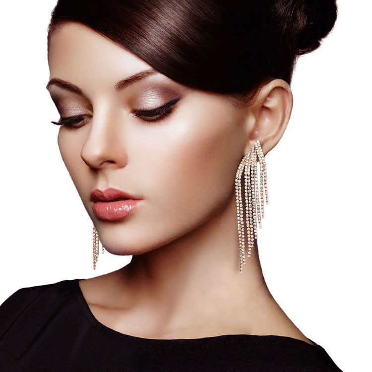 Gold Rhinestone Fringe Dangle Evening Earrings. These earrings Look as regal on the outside as you feel on the inside, feel absolutely flawless. Fabulous fashion and sleek style adds a pop of pretty color to your attire, coordinate with any ensemble from business casual to everyday wear. Perfect Birthday Gift, Anniversary Gift, Mother's Day Gift, Thank you Gift.