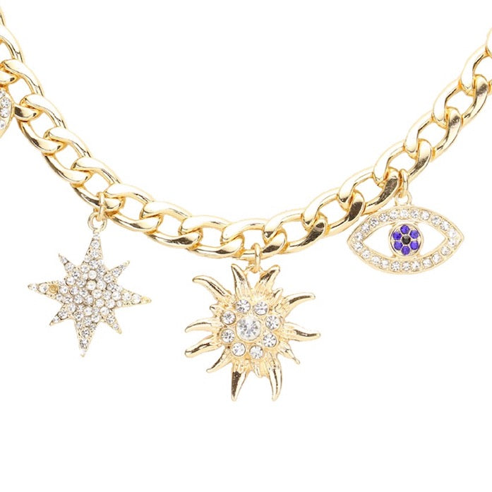 Gold Rhinestone Heart North Star Charm EvilEye Pendant Necklace Earring Set; when someone eyes your good fortune with jealousy or gluttony, the evil eye necklace is a known symbol to protect & ward off negative energy. Great gift: Vacation, Birthday, Anniversary, Christmas, Just Because, Valentine's, Mother's day, Easter