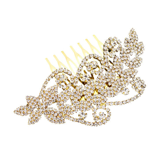 Gold Round Stone Accented Rhinestone Wedding Bridal Hair Comb. Perfect for adding just the right amount of shimmer & shine, will add a touch of class, beauty and style to your wedding, prom, special events, embellished glass crystal to keep your hair sparkling all day & all night long.