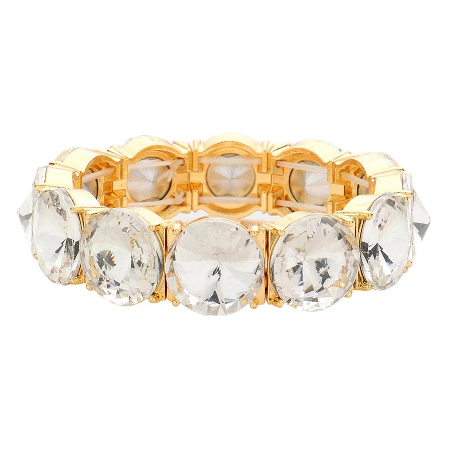 Gold Round Stone Stretch Evening Bracelet, These gorgeous stone pieces will show your class on any special occasion. Eye-catching sparkle, the sophisticated look you have been craving for! This Stone evening bracelet sparkles all around with its surrounding round stones, the stylish stretch bracelet that is easy to put on, and take off, and comfortable to wear. It looks so pretty, bright, and elegant on any special occasion.