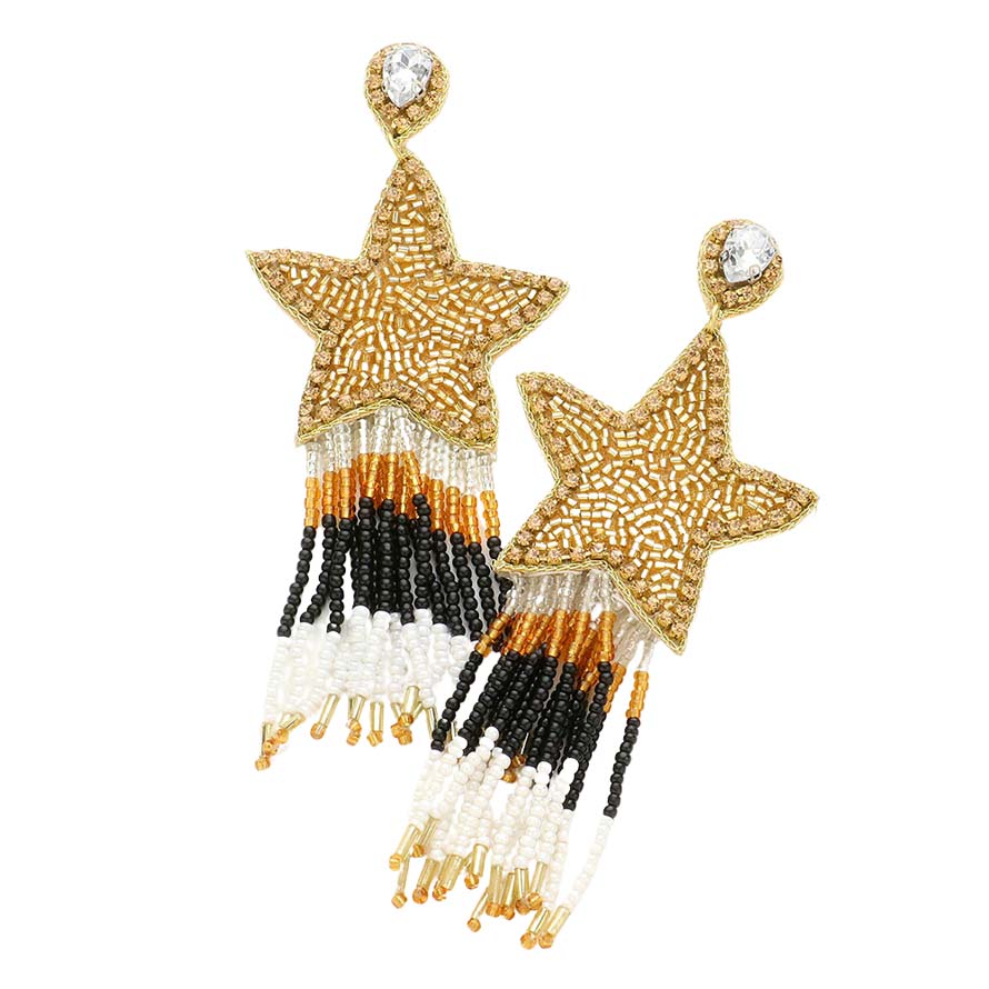 Gold Star Accented Seed Bead Fringe Dangle Earrings, are beautifully decorated to dangle on your earlobes on any occasion for making you stand out from the crowd. Wear these star-accented earrings to show your unique yet attractive & beautiful choice. Coordinate these seed bead earrings with any outfit to draw everyone's attention.