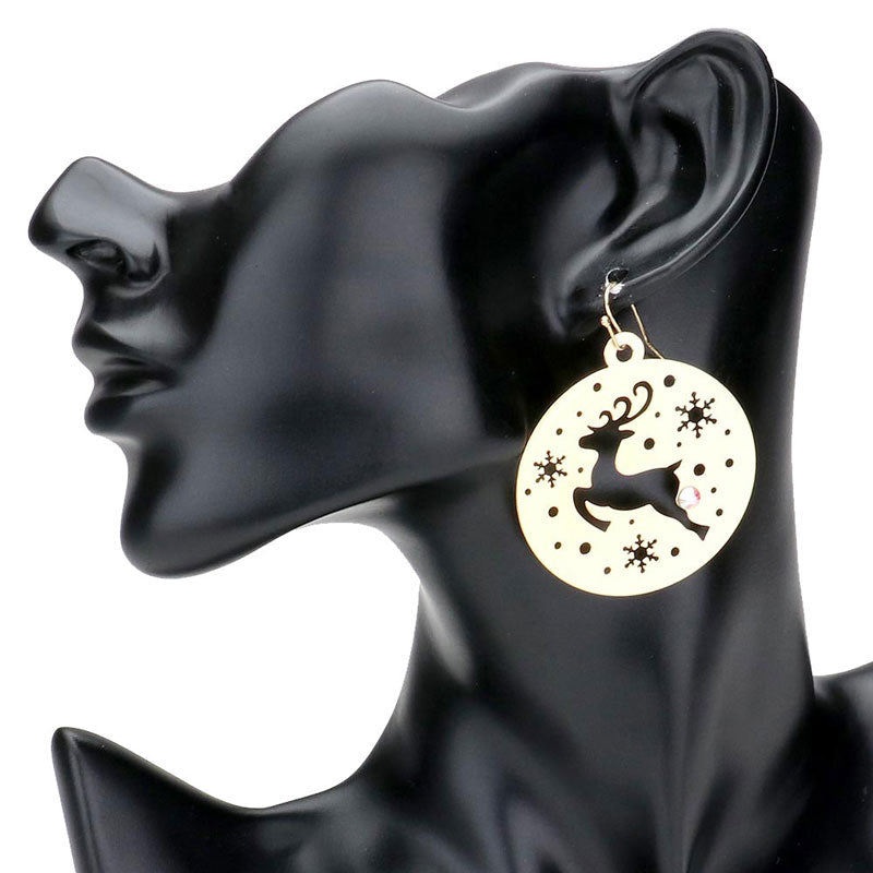 Gold Stone Embellished Cut Out Rudolph Brass Metal Round Dangle Earrings. Beautifully crafted design adds a gorgeous glow to any outfit. Jewelry that fits your lifestyle! Perfect Birthday Gift, Anniversary Gift, Mother's Day Gift, Anniversary Gift, Graduation Gift, Prom Jewelry, Just Because Gift, Thank you Gift.