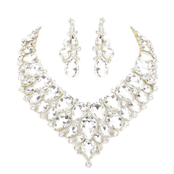 Gold Teardrop Cluster Rhinestone Collar Necklace. Beautifully crafted design adds a gorgeous glow to any outfit. Jewelry that fits your lifestyle! Perfect Birthday Gift, Anniversary Gift, Mother's Day Gift, Anniversary Gift, Graduation Gift, Prom Jewelry, Just Because Gift, Thank you Gift.