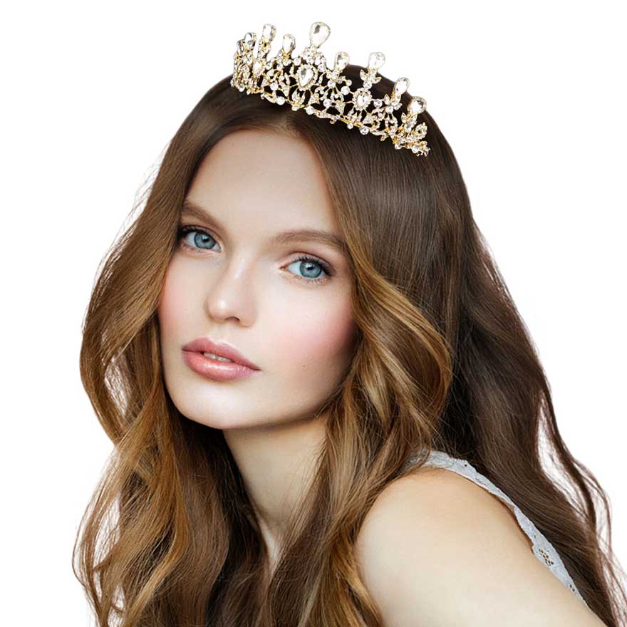 Gold Teardrop Stone Accented Princess Tiara, this princess tiara is a classic royal tiara made from gorgeous stone accented is the epitome of elegance. Exquisite design with beautiful color and brightness makes you more eye-catching in the crowd and will make you more charming and pretty without fail.