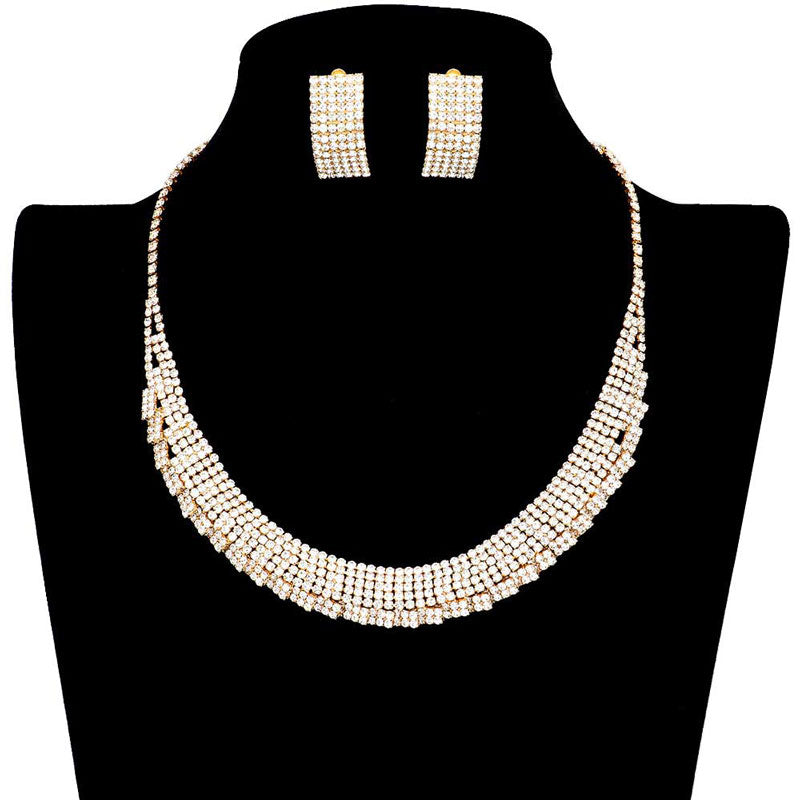 Gold Trendy Crystal Rhinestone Pave Collar Necklace Earring Set. Stunning jewellery sets suits any style and occasion wear over your favorite tops and dresses this season! Adds the perfect accent to your wardrobe. A timeless treasure designed to accent the neckline adds a gorgeous stylish glow to any outfit style, jewelry that fits your lifestyle! This piece is versatile and goes with practically anything! Fabulous gift, ideal for your loved one or yourself.