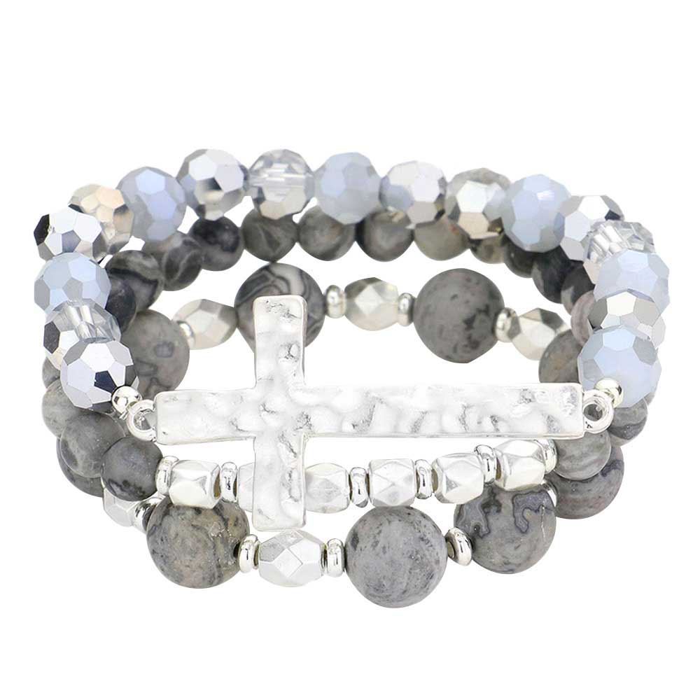 Gray 3PCS Hammered Metal Cross Pendant Beaded Layered Bracelets, Add this 3 piece beaded layered bracelet to light up any outfit, feel absolutely flawless. Fabulous fashion and sleek style adds a pop of pretty color to your attire, coordinate with any ensemble from business casual to everyday wear. Pair these with tees and jeans and you are good to go. Perfect gift idea for Birthday, Anniversary, Prom Jewelry, Thank you Gift or any special occasion.